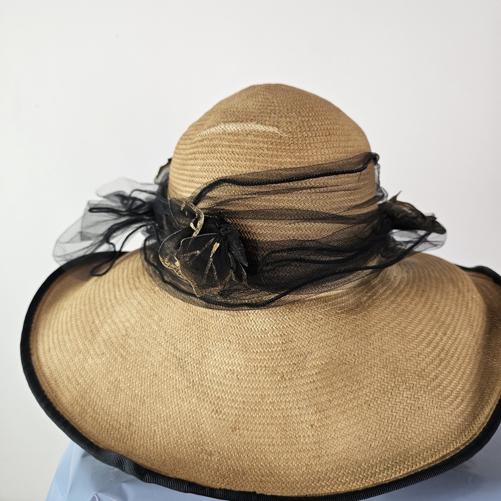 Carol Carr Palm Beach Tan Black Straw Mesh Wide Brim Floral Detail Cottagecore
